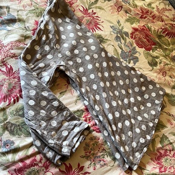 ITALY 100% Linen Trapeeze Blouse Polka Dots Gray & White - Picture 13 of 13